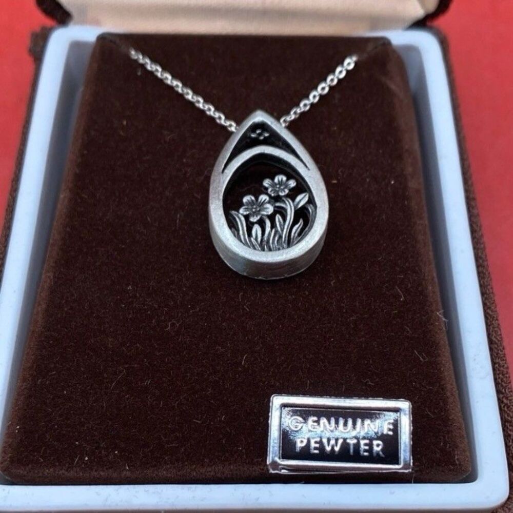 Medici Pewter Women’s Necklace Teardrop Flowers 27” NIB